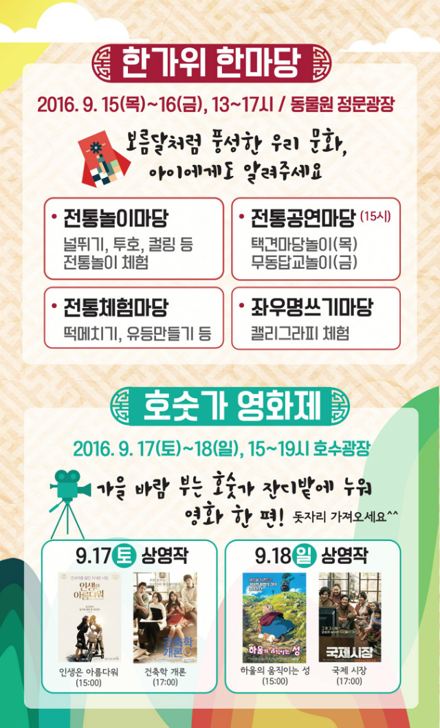 한가위도 서울대공원에서~! 서울대공원 추석행사를 소개합니다. 
한가위한마당, 9.15(목)~16(금), 13시~17시, 동물원 정문광장에서 진행됩니다. 
전통놀이마당, 전통공연마당, 전통체험마당, 좌우명쓰기마당 등 다양한 체험프로그램들이 준비되어 있습니다. 
호숫가영화제, 9.17(토)~9.18(일),15시~19시, 호수광장에서 진행됩니다. 
9.17(토)에는 인생은아름다워와 건축개론이 상영될 예정이며, 9.18(일)에는 하울의움직이는성과 국제시장이 상영될 예정입니다. 
돗자리와 추석음식 싸오셔서 즐거운 관람하시기 바랍니다.