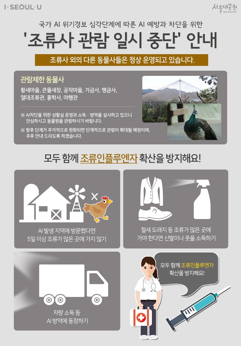 국가 AI 위기경보 심각단계에 따른 AI 예방과 차단을 위한
'조류사 관람 일시 중단' 안내
조류사 외의 다른 동물사들은 정상 운영되고 있습니다.
관람제한 동물사 : 황새마을, 큰물새장, 공작마을, 가금사, 맹금사, 열대조류관, 홍학사, 야행관
※ AI차단을 위한 상황실 운영과 소독·방역을 실시하고 있으니 안심하시고 동물원을 관람하시기 바랍니다.
※ 향후 단계가 추가적으로 완화되면 단계적으로 관람이 확대될 예정이며,추후 안내 드리도록 하겠습니다.
모두 함께 조류인플루엔자 확산을 방지해요!
AI발생 지역에 방문했다면 5일이상 조류가 많은 곳에 가지않기, 
철새도래지 등 조류가 많은 곳에 가야한다면 신발이나 옷을 소독하기,
차량소독 등 AI방역에 동참하기
