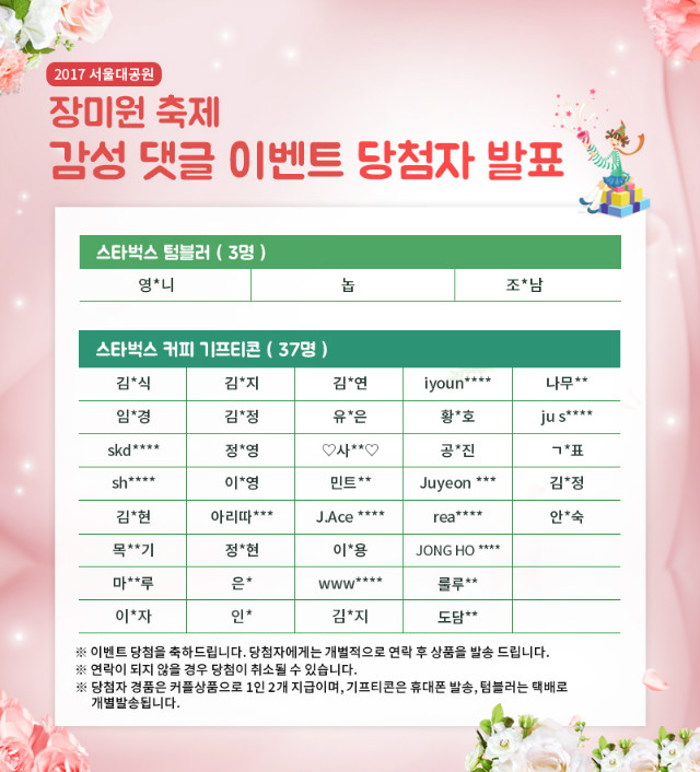 2017 서울대공원 장미원 축제 감성 댓글 이벤트 당첨자 발표 
스타벅스 텀블러(3명)ㅣ 영*니,놉,조*남 
스타벅스 커피 기프티콘(37명) 
김*식, 김*지, 김*연, iyoun****, 나무**, 임*경, 김*정, 유*은, 황*호, jus****, 
skd****, 정*영, ♡사**♡, 공*진, ㄱ*표, sh****, 이*영, 민트**, Juyeon***, 
김*정, 김*현, 아리따***, J.Ace****, rea****, 안*숙, 목**기, 정*현, 이*용, 
JONG HO****, 마**루, 은*, www****, 룰루**, 
이*자, 인*, 김*지, 도담** 
이벤트 당첨을 축하드립니다. 당첨자에게는 개별적으로 연락 후 상품을 발송 드립니다. 
연락이 되지 않을 경우 당첨이 취소 될 수 있습니다. 당첨자 경품은 커플상품으로 1인2개지급이며, 기프티콘은 휴대폰 발송, 텀블러는 택배로 개별발송 됩니다.