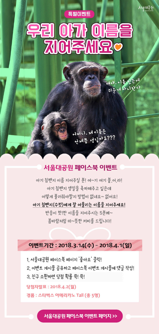 아기침팬치 이름을 지어주세요~! 서울대공원 페이스북 이벤트 아기 침팬지 이름 지어주실 분! 여~기 여기 붙.어.라! 이벤트기간 : 2018.3.14(수) ~ 2018.4.1(일) 1. 서울대공원 페이스북 페이지 '좋아요' 클릭! 2. 이벤트 게시물 공유하고 페이스북 이벤트 게시물에 댓글 작성! 3. 친구 소환하면 당첨 확률 쑥! 쑥! 아기 침팬지 생일을 축하해주고 싶은데 어떻게 불러줘야할지 방법이 없네요~ 없어요! 아기 침팬지에게 잘 어울리는 이름을 지어주세요! 반응이 핫!한 이름을 지어주시는 5분께~ 봄바람처럼 따~뜻한 커피를 드립니다!