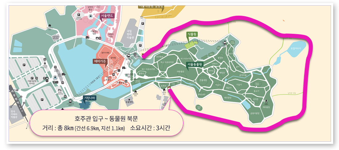 È£ÁÖ°ü ÀÔ±¸ ~ µ¿¹°¿ø ºÏ¹®. °Å¸® : ÃÑ 8km(°£¼± 6.9km, Áö¼± 1.1km) ¼Ò¿ä½Ã°£ : 3½Ã°£