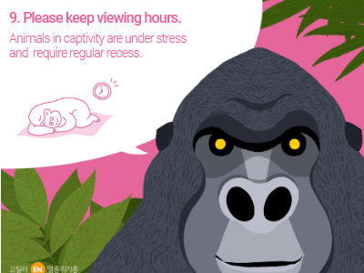 9. 동물원 관람시간을 꼭 지켜주세요. 동물들도 건강을 지키기 위해 휴식이 필요해요.