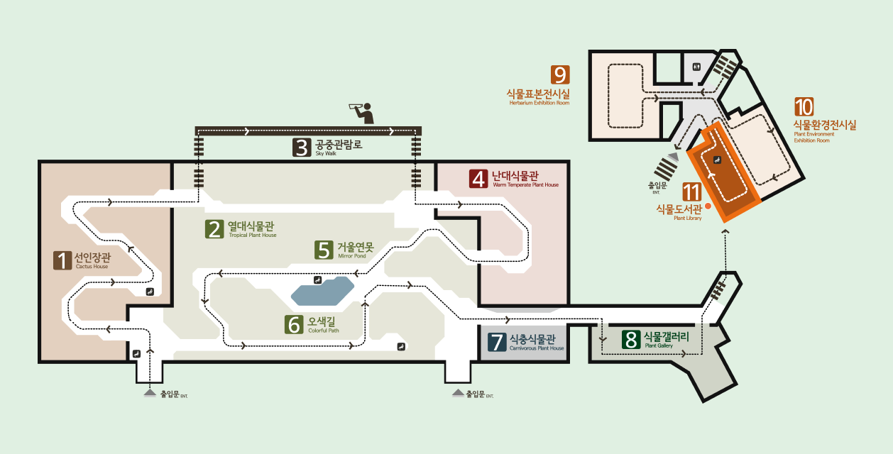 서울식물원 온실 안내도. 1번 선인장관부터 11번 식물환경전시실까지 총 11개 관람 구역 위치 표시입니다. 숫자를 따라 이동하면서 누구나 쉽고 재미있게 다양한 식물을 만날 수 있습니다. 
