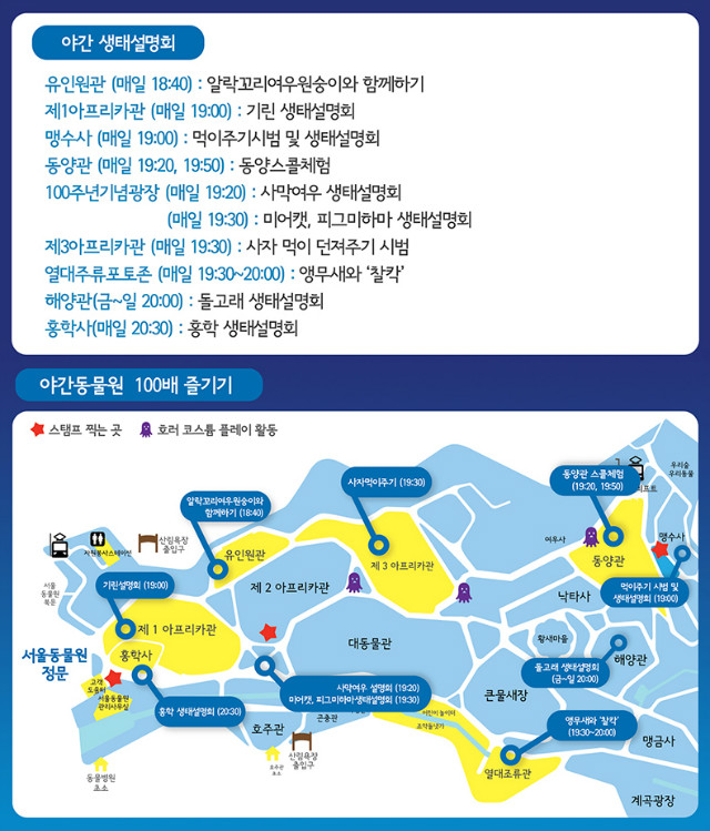 야간생태설명회안내,유인원관(매일18:40),제1아프리카관(매일19:00),맹수사(매일19:00),동양관(매일19:20,19:50),100주년기념광장(매일19:20,30분),제3아프리카관(매일19:30),열대주류포토존(매일19:30~20:00),해양관(금~일20:00)