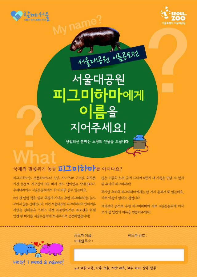서울대공원 이름공모전, 피그미하마에게 이름을 지어주세요! 당첨되신 분께는 소정의 선물을 드립니다. 국제적 멸종위기 동물 피그미하마를 아시나요? 피그미하마는 보통하마보다 작은 사이즈와 귀여운 외모를 가진 동물로 지구상에 3천마리 정도 남아있는 상태입니다. 우리나라에는 서울동물원에서 한마리만 살고 있는데요. 2년전 암컷 짝을 잃고 외롭게 지내는 수컷 피그미하마는 눈도 보이지 않는 상태입니다. 이런 서울대공원 피그미하마의 안타까운 사연을 전해들은 스위스 바젤동물원에서는 종보전을 위해 암컷 한마리를 서울동물원에 보내주기로 결정하였습니다. 많은 이들의 노력끝에 드디어 9월에 새 가족을 만날 수 있게 된 우리의 피그미하마! 하지만 우리의 피그미하마에게는 한가지 문제가 또 있는데요, 바로 이름이 없다는 것입니다. 여러분의 손으로 수컷 피그미하마와 새로 서울동뭉원에 이사오게 될 암컷의 이름을 만들어주세요! 예)하몽-나몽, 아롱-또롱, 하무-하미, 알콩-달콩 등등