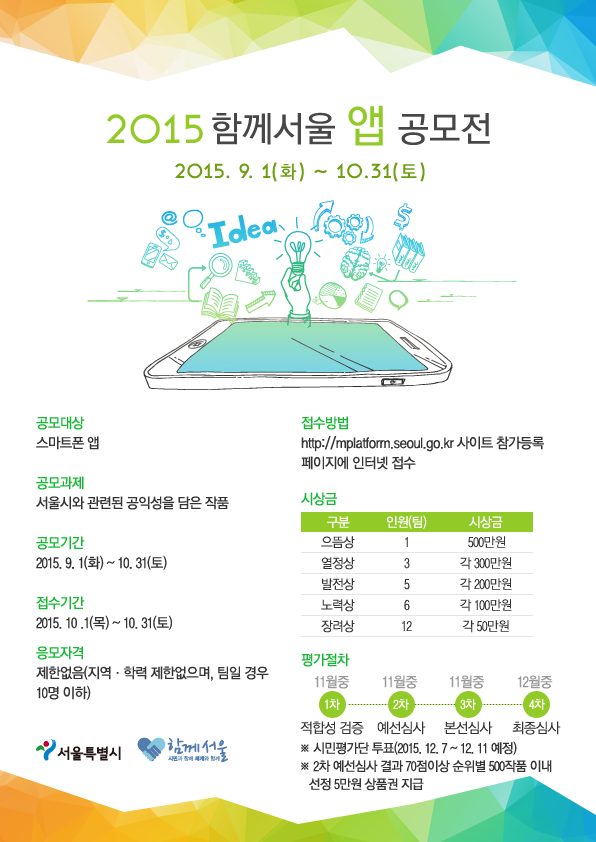 2015 함께서울 앱 공모전을 진행합니다. 공모대상은 스마트폰 앱이며, 공모기간은 2015. 9. 1(화) ~ 10. 31(토)까지, 접수기간은 2015.10. 1(목) ~ 10. 31(토)까지 입니다. 응모자격은 제한이 없으며(지역․학력 제한없으며, 팀일 경우 10명이하), 공모주제는 서울시와 관련된 공익성을 담은 작품이면 됩니다. 접수방법은 http://mplatform.seoul.go.kr/ 사이트 참가등록 페이지에서 인터넷접수 하시면 됩니다. 평가절차는 11월중에 1차 적합성검증, 2차예선심사, 3차본선심사가 진행되며, 12월중에 4차최종심사가 진행되며, 시민평가단투표가 12월7일부터12월11일까지예정되어있습니다. 2차예선심사결과 70점이상 순위별 500작품이내선정하여 5만원 상품권을 지급합니다. 시상금은 으뜸상1명(팀) 500만원, 열정상 3명(팀) 각300만원, 발전상 5명(팀) 각200만원, 노력상 6명(팀) 각100만원, 장려상 12명(팀) 각50만원입니다.