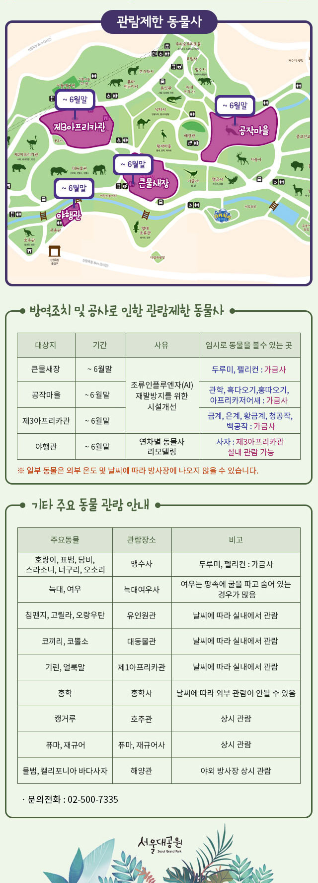 *방역조치 및 공사로 인한 관람제한 동물사 안내1.조류인플루엔자(AI)재발장지를 위한 시설개선 공사- 큰물새장:~6월말,임시로 동물을 볼 수 있는곳(두루미,펠리컨:가금사)- 공작마을:~6월말,임시로 동물을 볼 수 있는곳(금계,은계,황금계,청공작,백공작:가금사)2.연차별 동물사 리모델링 공사- 제3아프리카관:~6월말,임시로 동물을 볼 수 있는곳(사자:제3아프리카관 실내관람가능)- 야행관:~6월말*일부 동물은 외부온도 및 날씨에 따라 방사장에 나오지 않을 수 있습니다.*기타 주요동물 관람 안내1.맹수사:호랑이,표범,담비,스라소니,너구리,오소리2.늑대여우사:늑대,여우(여우는 땅속에 굴을 파고 숨어 있는 경우가 많음)3.유인원관:침팬지,고릴라,오랑우탄(날씨에따라 실내에서 관람)4.대동물관:코끼리,코뿔소(날씨에따라 실내에서 관람)5.제1아프리카관:기린,얼룩말(날씨에따라 실내에서 관람)6.홍학사:홍학(날씨에따라 외부관람이 안될수 있음)7.호주관:캥거루(상시관람)8.퓨마,재규어사:퓨마,재규어(상시관람)9.해양관:물범,캘리포니아바다사자(야외방사장 상시관람)*문의전화:02-500-7335(고객도움터)