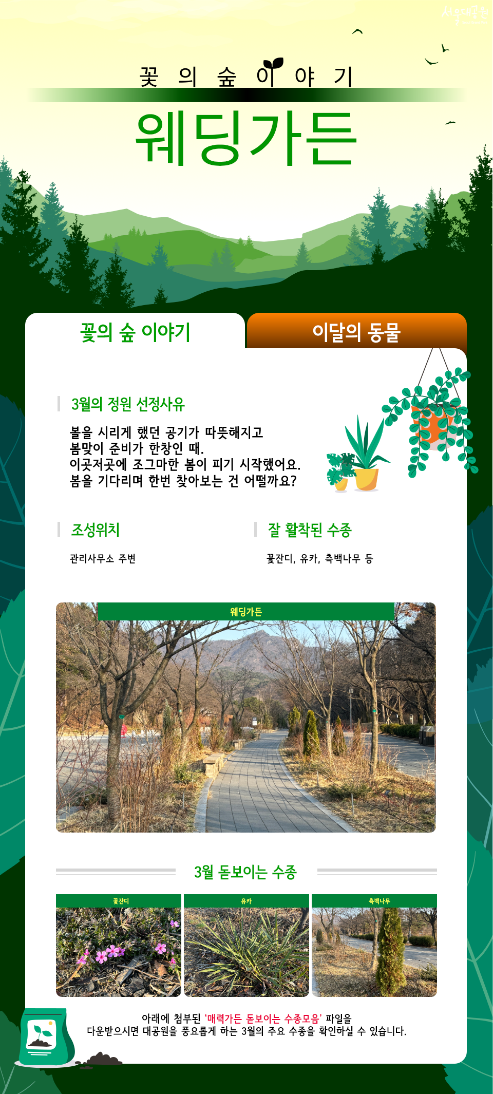 꽃의 숲 이야기 
웨딩가든
3월의 정원 선정사유
봄을 시리게 했던 공기가 따뜻해지고 봄맞이 준비가 한창인 때, 이곳저곳에 조그마한 봄이 피기 시작했어요. 봄을 기다리며 한번 찾아보는 건 어떨까요?
조성위치
관리사무소 주변
잘 활착된 수종
꽃잔디, 유카, 측백나무 등
웨딩가든
3월 돋보이는 수종
꽃잔디 | 유카 | 측백나무
아래에 첨부된 '매력가든 돋보이는 수종모음' 파일을 다운받으시면 대공원을 풍요롭게 하는 3월의 주요 수종을 확인하실 수 있습니다.
