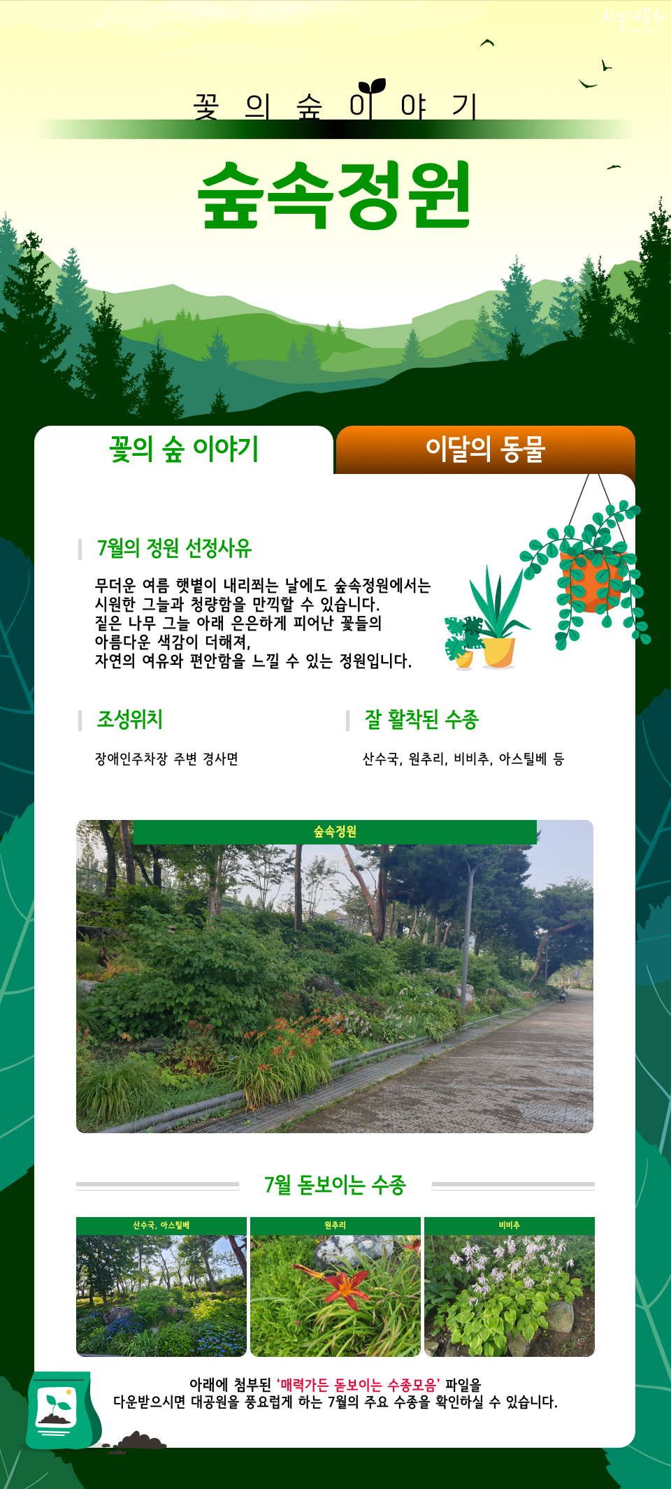 꽃의 숲 이야기
숲속정원
7월의 정원 선정사유
무더운 여름 햇볕이 내리쬐는 날에도 숲속정원에서는 시원한 그늘과 청량함을 만끽할 수 있습니다. 짙은 나무 그늘 아래 은은하게 피어난 꽃들의 아름다운 색감이 더해져, 자연의 여유와 편안함을 느낄 수 있는 정원입니다.
조성위치
장애인주차장 주변 경사면
잘 활착된 수종
산수국, 원추리, 비비추, 아스틸베 등
숲속정원
7월 돋보이는 수종
산수국, 아스틸베 | 원추리 | 비비추
아래에 첨부된 '매력가든 돋보이는 수종모음' 파일을 다운받으시면 대공원을 풍요롭게 하는 7월의 주요 수종을 확인하실 수 있습니다.