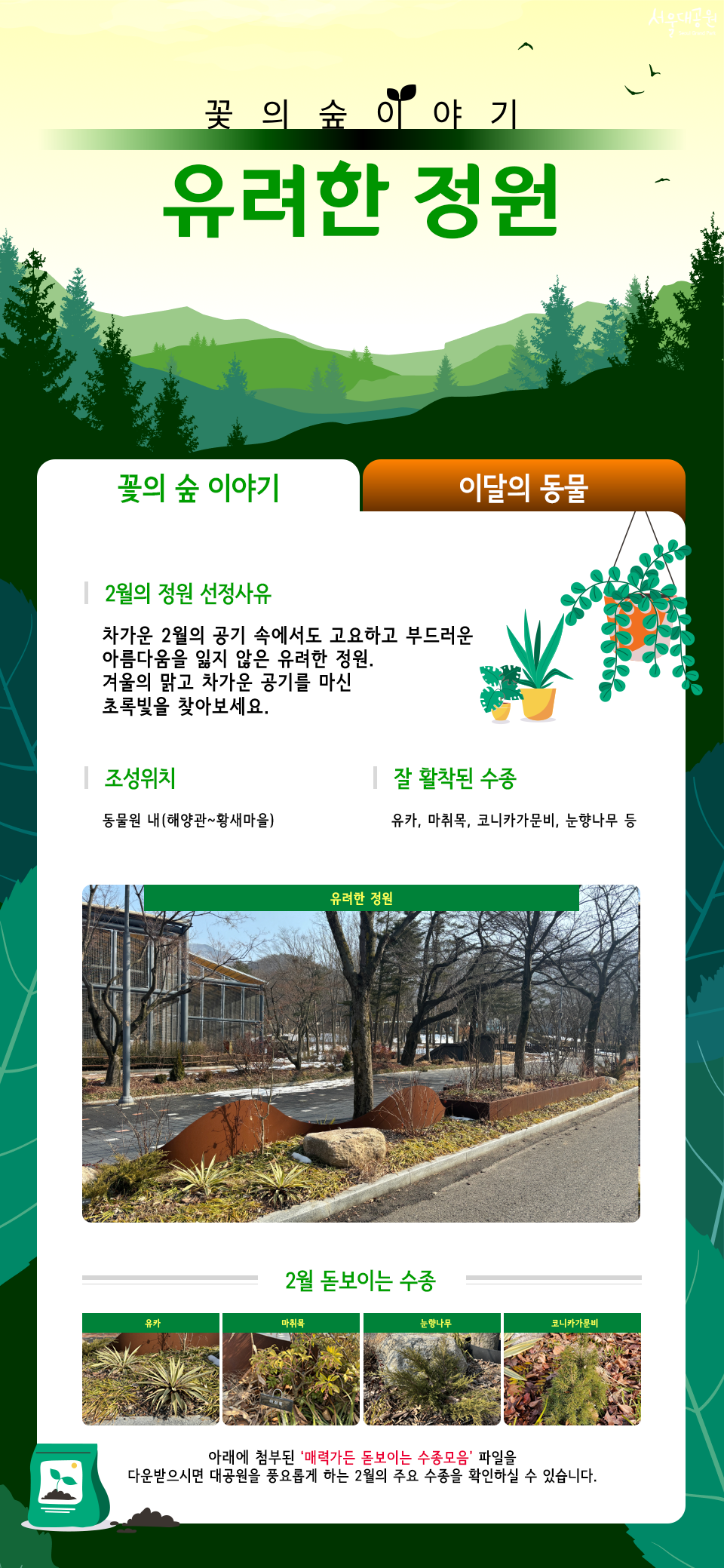 꽃의 숲 이야기
유려한 정원
꽃의 숲 이야기
2월의 정원 선정사유
차가운 2월의 공기 속에서도 고요하고 부드러운 아름다움을 잃지 않은 유려한 정원. 겨울의 맑고 차가운 공기를 마신 초록빛을 찾아보세요.
조성위치
동물원 내(예양관~황제마을)
잘 활착된 수종
유카, 마취목, 코니카가문비, 눈향나무 등
유려한 정원
2월 돋보이는 수종
유카 | 마취목 | 눈향나무 | 코니카가문비
아래에 첨부된 '퍼레이드 돋보이는 수종모음' 파일을 다운받으시면 대공원을 풍요롭게 하는 2월의 주요 수종을 확인하실 수 있습니다.